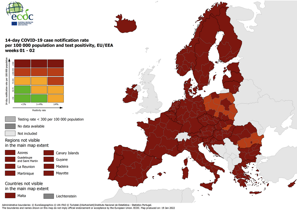 В Європі продовжать публікувати мапу регіонів країн-членів відповідно до "світлофорної" системи / фото ecdc.europa.eu