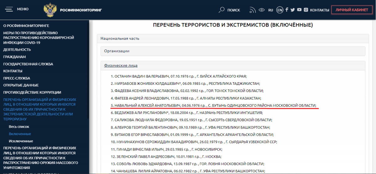 Навального і його соратників внесли до реєстру терористів і екстремістів Росфінмоніторингу / скрін fedsfm.ru/documents