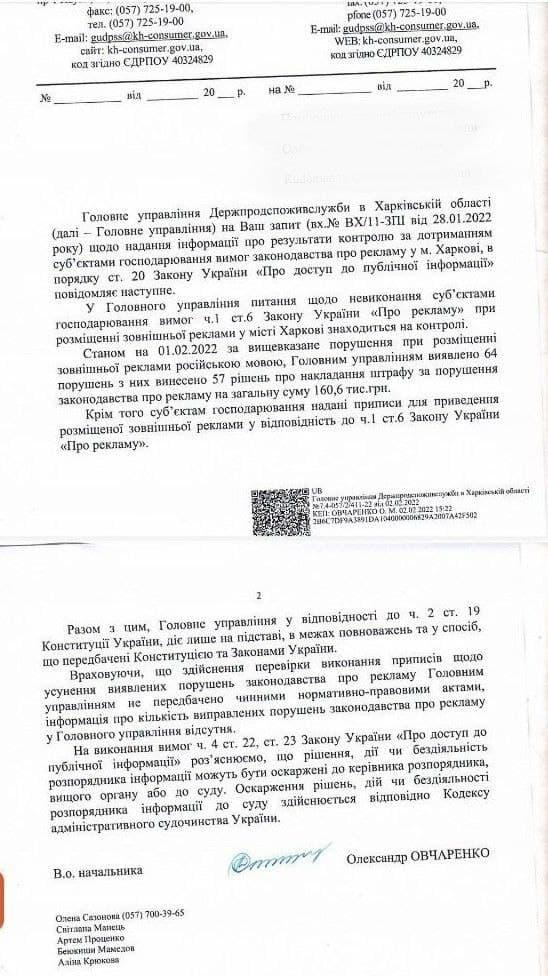 Держспоживслужба зафіксувала 64 порушення / фото Telegram-канал "Мова. Харків" Держспоживслужба зафіксувала 64 порушення / фото Telegram-канал "Мова. Харків"