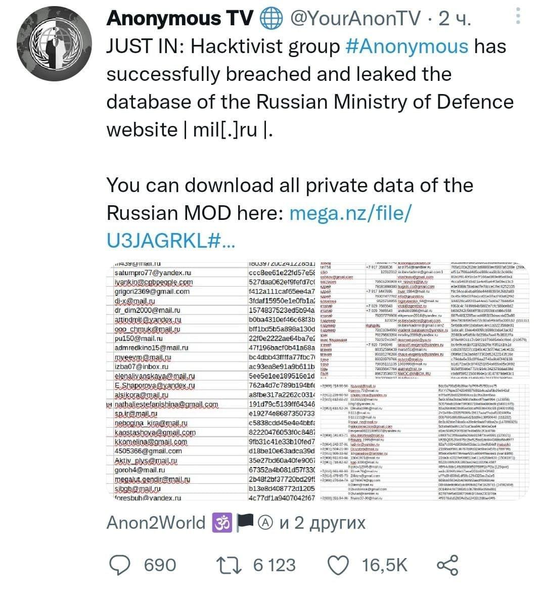 Хакери, які оголосили війну режиму Путіна, зламали базу даних Міністерства оборони РФ Хакери, які оголосили війну режиму Путіна, зламали базу даних Міністерства оборони РФ