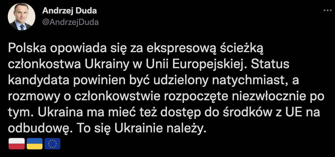 Президент Польщі виступив за прискорений шлях вступу України до ЄС Президент Польщі виступив за прискорений шлях вступу України до ЄС