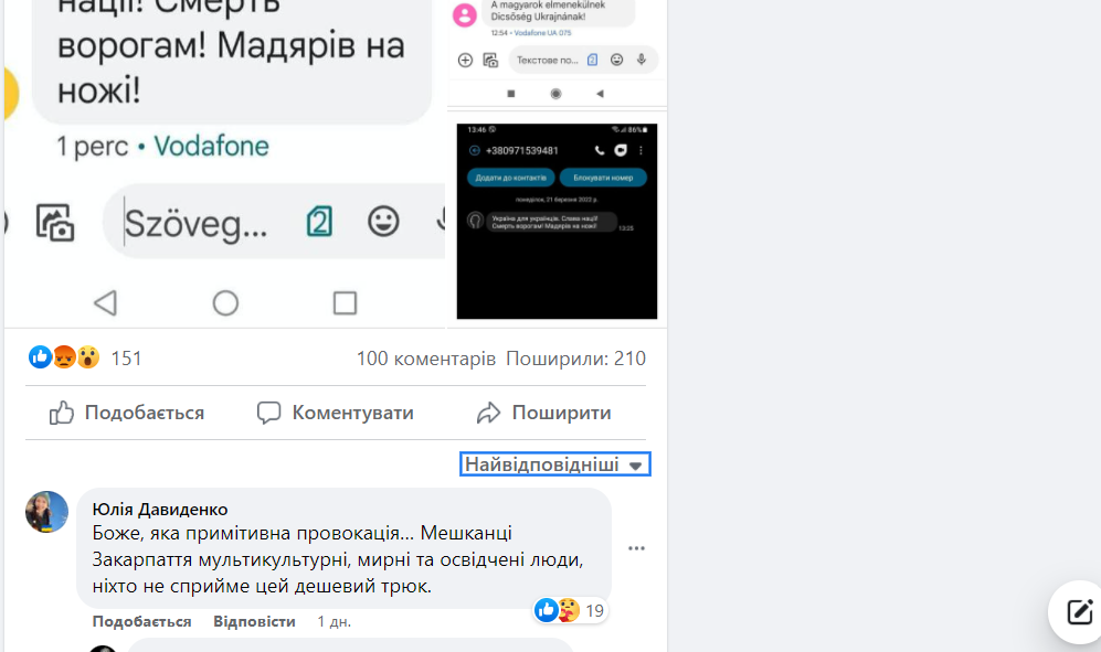 Принтскрин коментарів під постом Тужанського щодо погроз угорцям