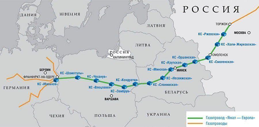 Карта транзиту газу по трубопроводу Ямал-Європа