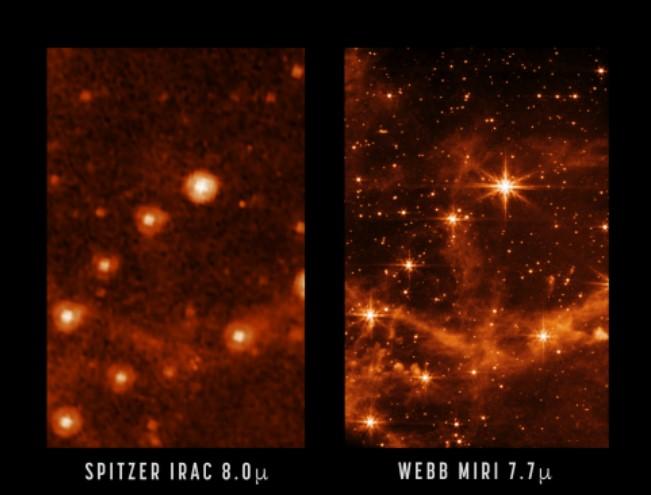 Сравнение снимков MIRI (слева) и "Джеймс Уэбб" (справа) / фото NASA/JPL-Caltech, left, NASA/ESA/CSA/STScI, right