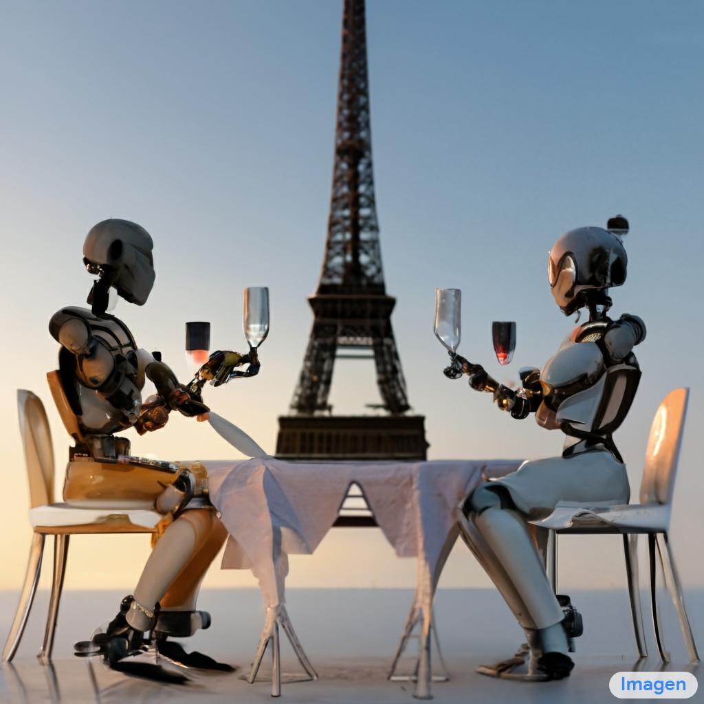 "Влюбленные роботы ужинают на фоне Эйфелевой башни"