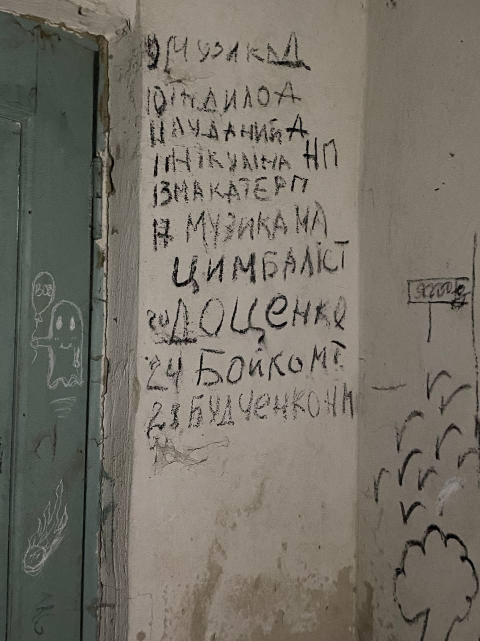 В темному приміщенні під школою – тісні кімнати з розмальованими стінами, календарем та списком померлих місцевих жителів / фото Ірина Синельник