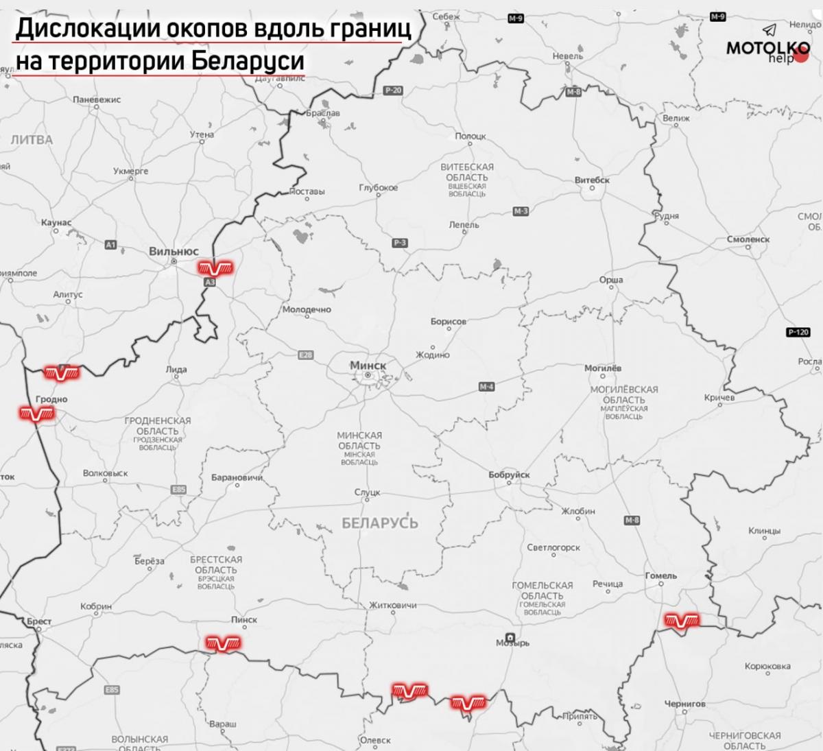 Belarusian military dig trenches near the borders with Ukraine and two EU countries, journalists learned / map from t.me/Hajun_BY Belarusian military dig trenches near the borders with Ukraine and two EU countries, journalists learned / map from t.me/Hajun_BY