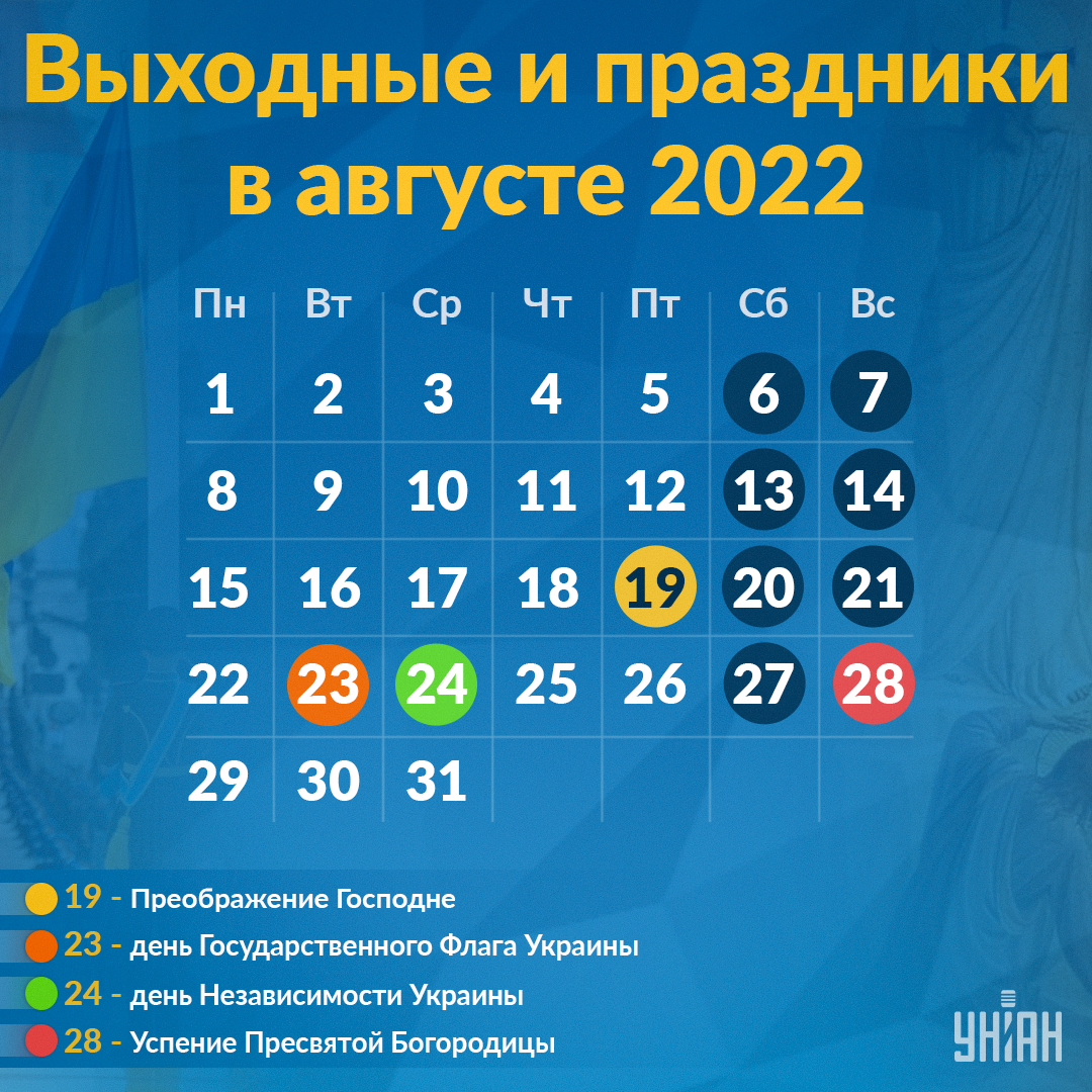 Государственные и церковные праздники в августе 2022 / Инфографика УНИАН