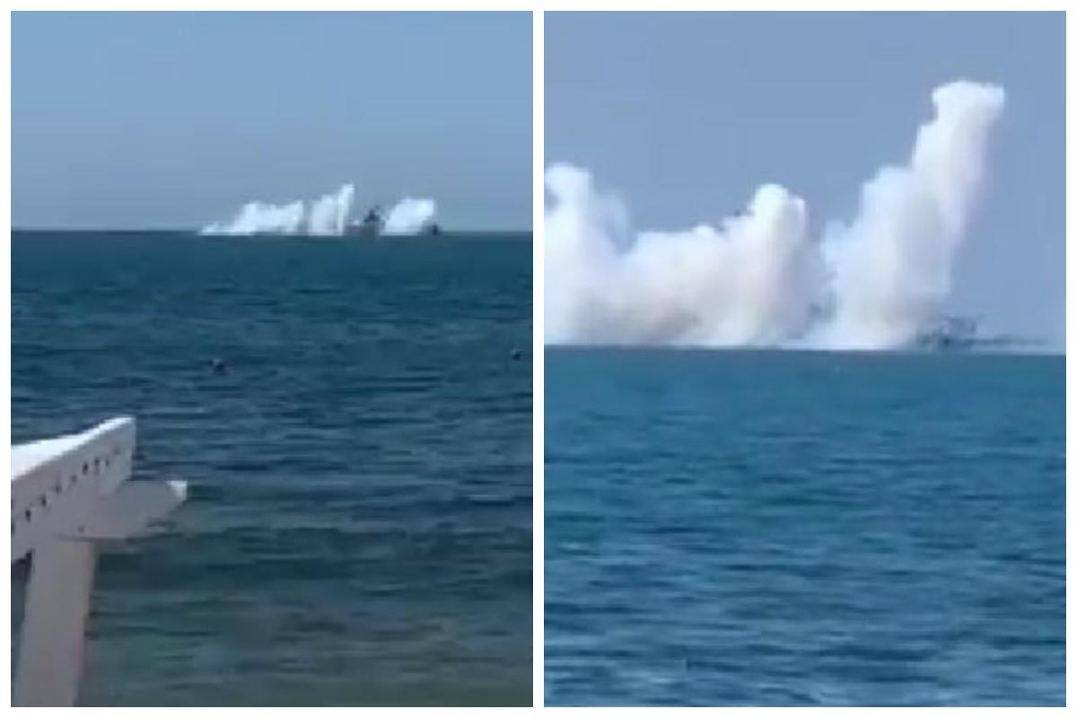 According to the expert, the Russian ship tried to disguise itself with smoke baits, but this did not help him / screenshots from the video