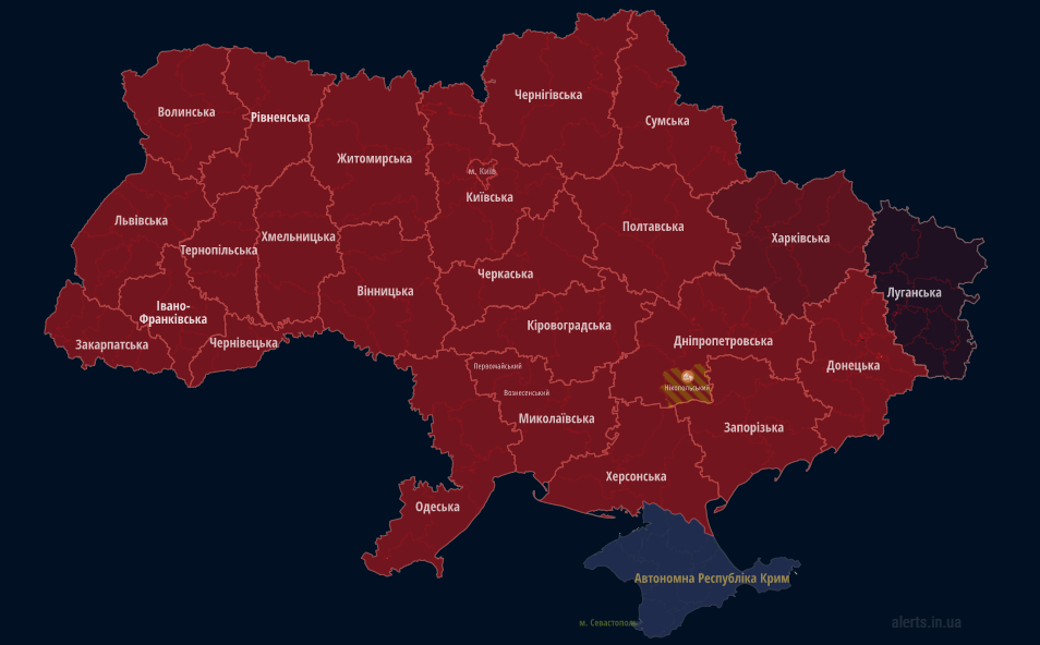 Карта воздушных тревог ночью 20 августа / скриншот