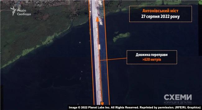 Вплотную к Антоновскому мосту: россияне возводят понтонную переправу на Херсонщине / фото схемы Вплотную к Антоновскому мосту: россияне возводят понтонную переправу на Херсонщине / фото схемы
