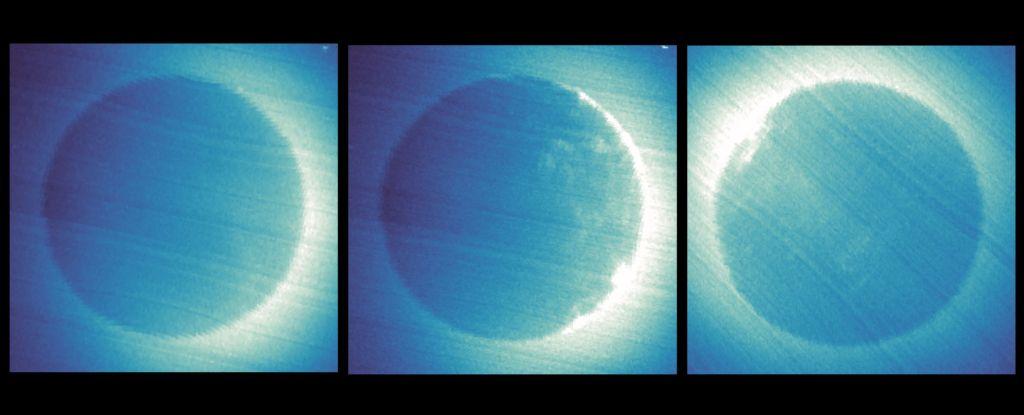 Зображення з зонда "надія", що показують Марс без полярного сяйва (ліворуч) і плямисте протонне Полярне сяйво ( в центрі і праворуч) / фото EMM/EMUS