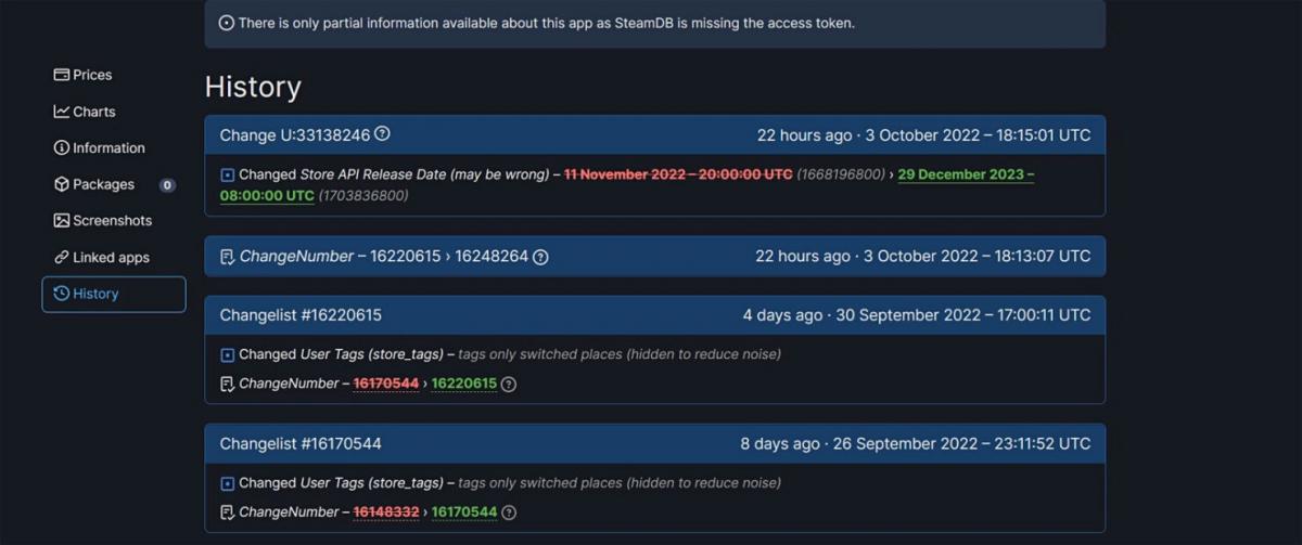 Changes in the Steam database / screenshot