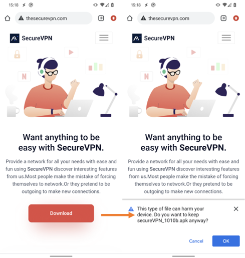 Фальшивый веб-сайт SecureVPN, который распространяет троянскую программу / фото ESET Фальшивый веб-сайт SecureVPN, который распространяет троянскую программу / фото ESET