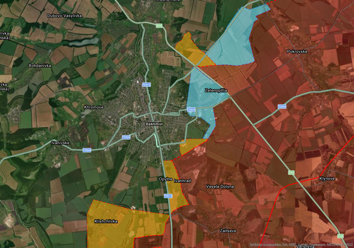 Карта боевых действий вокруг Бахмута / фото Esri, Maxar, Earthstar Geographics, GIS User Community Карта боевых действий вокруг Бахмута / фото Esri, Maxar, Earthstar Geographics, GIS User Community