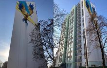 В Киеве на пострадавшем от "налета" РФ доме появилась мифическая птица (фото)