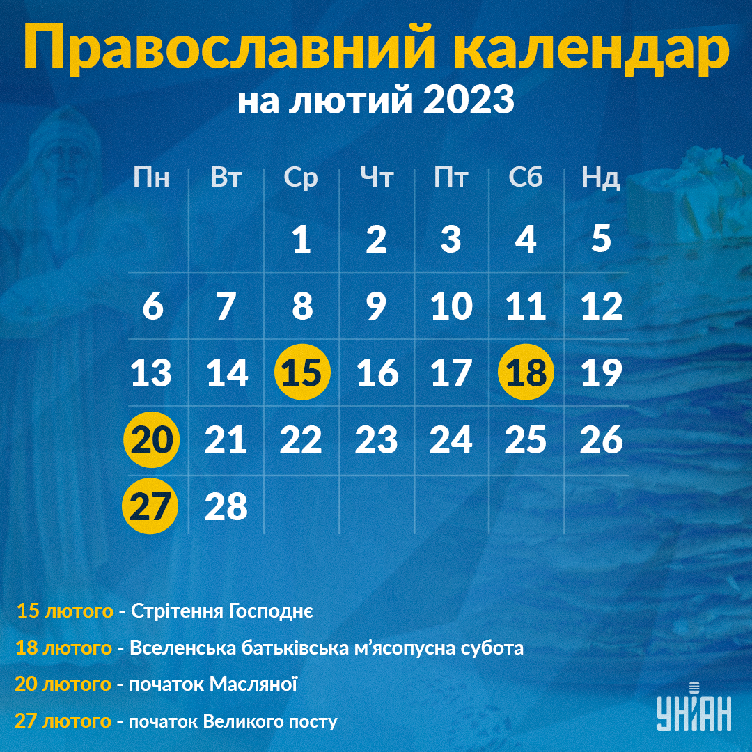 Православний календар на лютий 2023 / інфографіка УНІАН Православний календар на лютий 2023 / інфографіка УНІАН