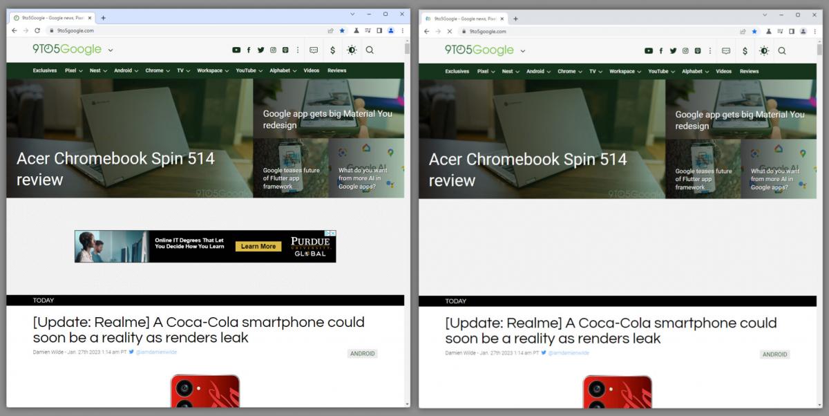 Новый дизайн Chrome (слева) и актуальный (справа) / 9to5Google
