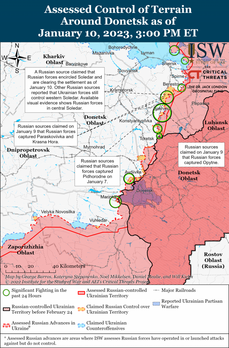 РФ не захватила Соледар и не окружила Бахмут - карта боев ISW — УНИАН