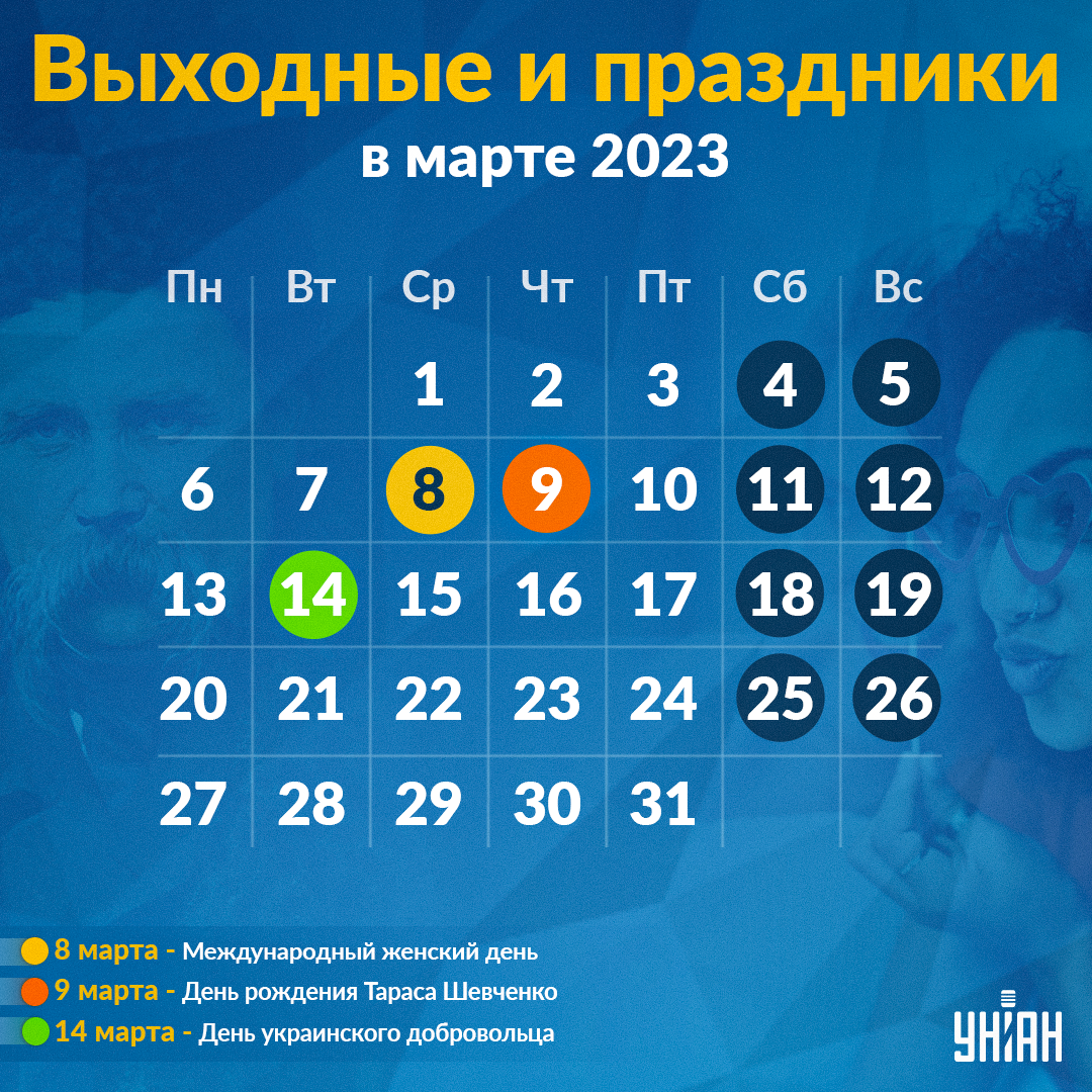 Праздничные и выходные дни марта 2023 / инфографика УНИАН