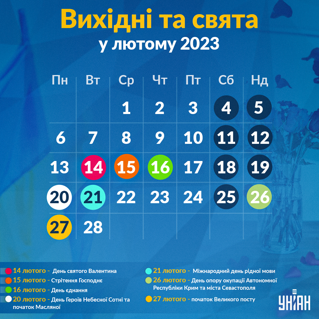 Вихідні в лютому 2023 / інфографіка УНІАН Вихідні в лютому 2023 / інфографіка УНІАН