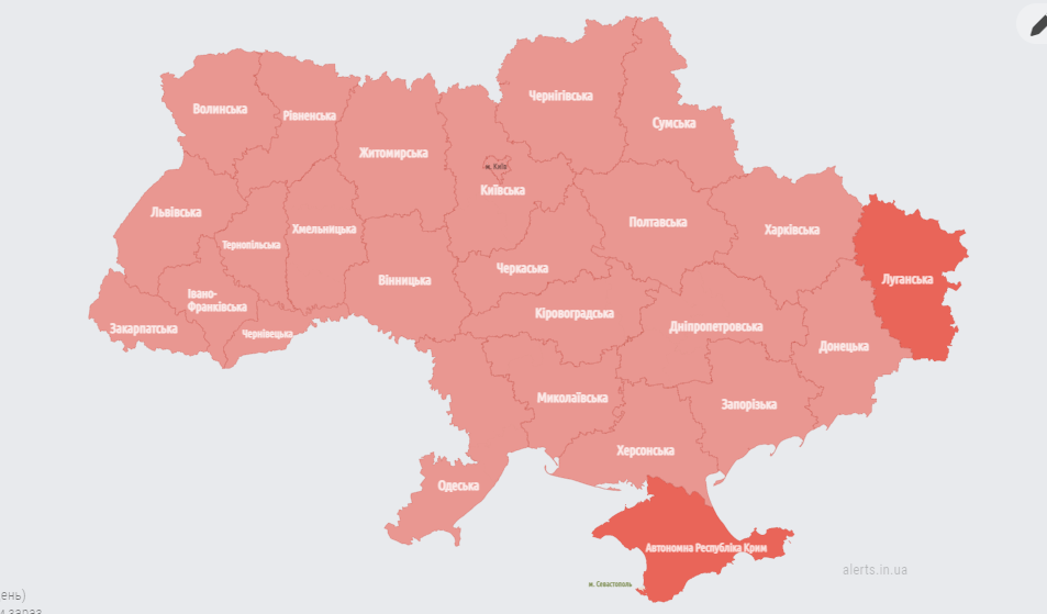 Карта повітряних тривог 22 лютого / скріншот Карта повітряних тривог 22 лютого / скріншот
