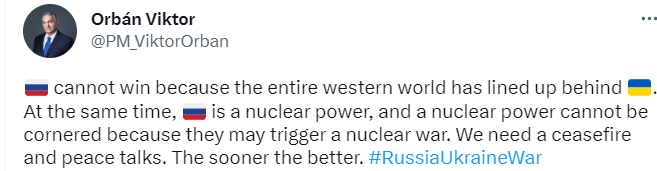 Орбан: Росію не можна заганяти в кут, бо вона є ядерною державою Орбан: Росію не можна заганяти в кут, бо вона є ядерною державою