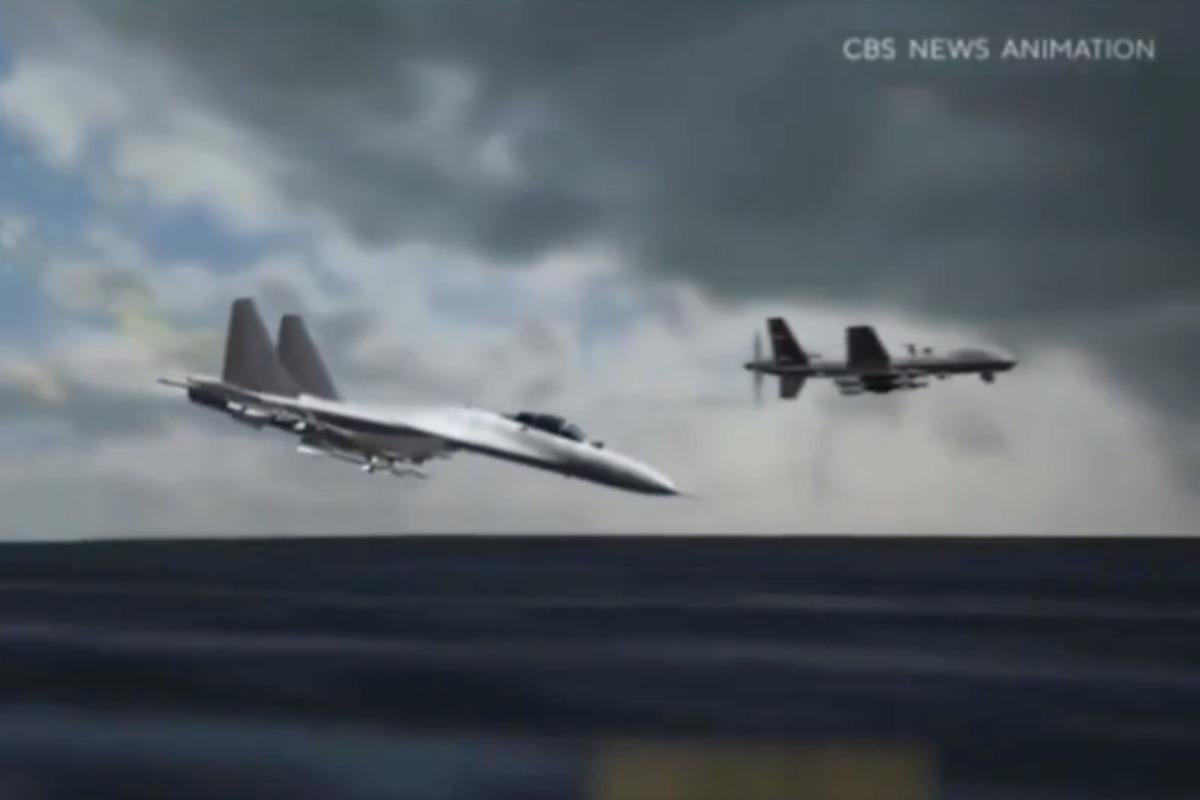 Телеканал CBS показал видеографику сбития российским Су-27 американского MQ-9 Reaper / скриншот Телеканал CBS показал видеографику сбития российским Су-27 американского MQ-9 Reaper / скриншот