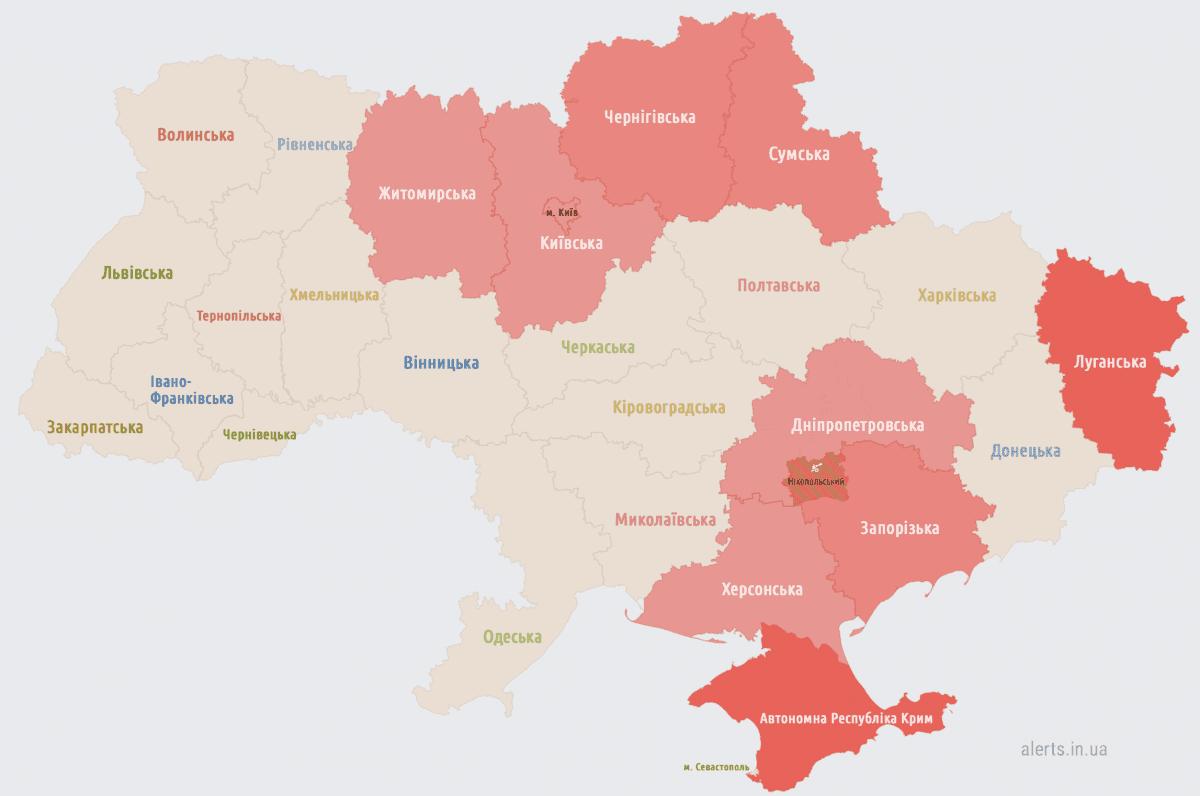 Тревога в Украине по состоянию на 22:47 / скриншот