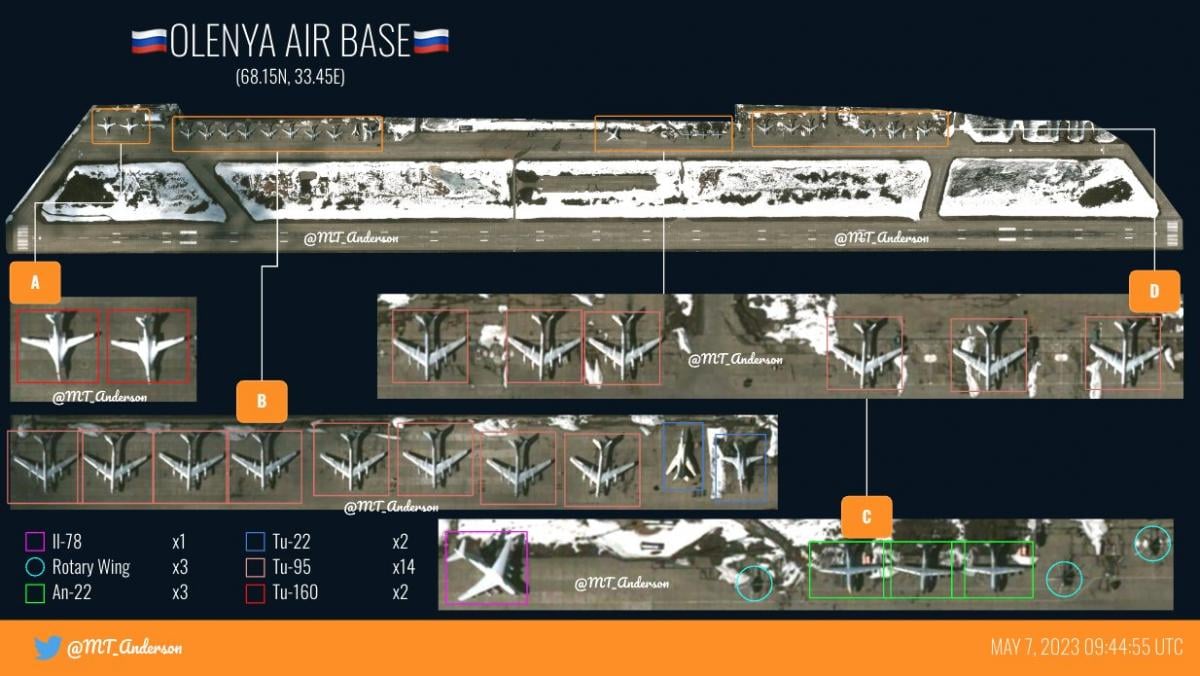 Авиабаза Оленья со стратегическими бомбардировщиками Ту-95МС / фото twitter.com/MT_Anderson