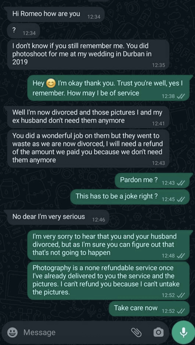 Женщина развелась и озадачила свадебного фотографа своей просьбой Женщина развелась и озадачила свадебного фотографа своей просьбой