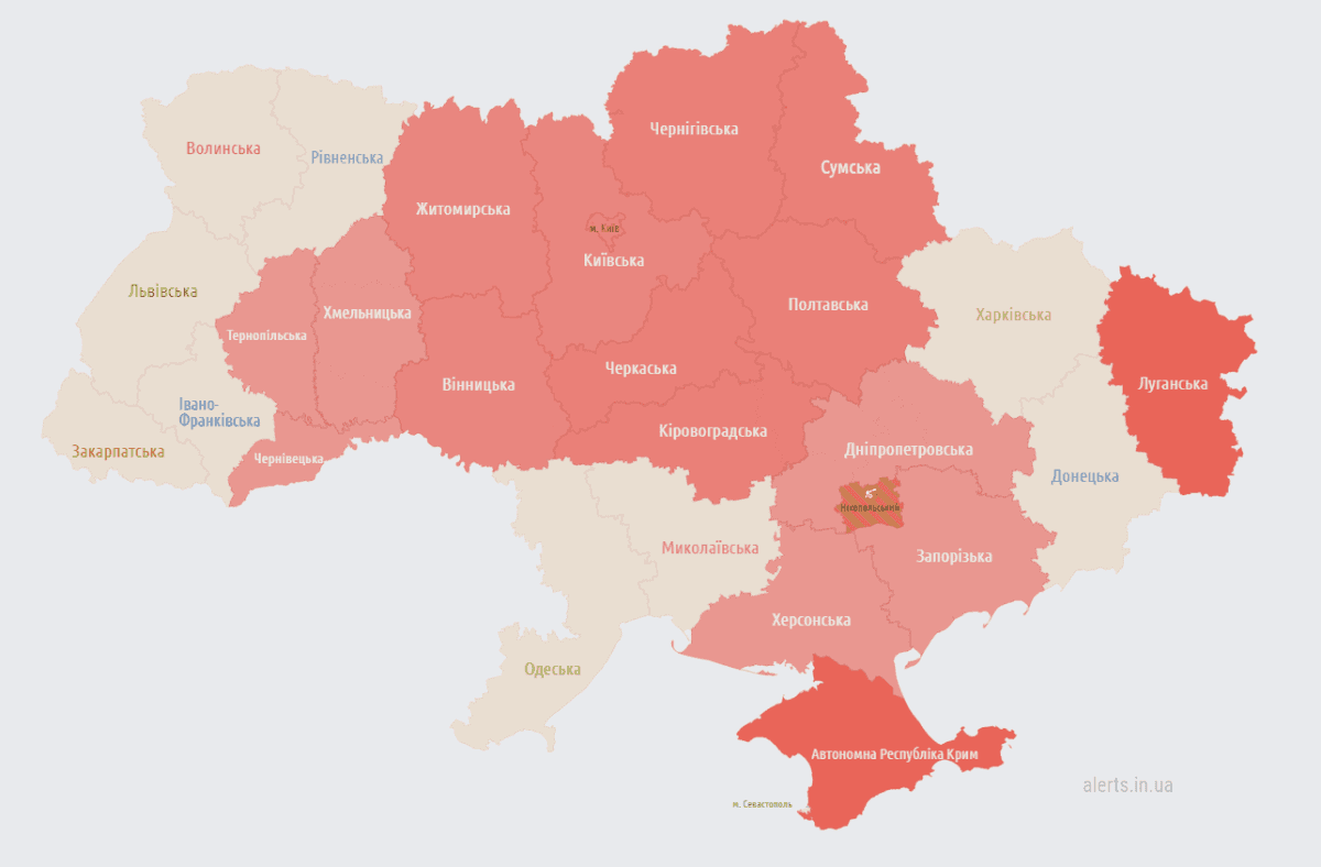 В большинстве областей Украины объявлена воздушная тревога / скриншот В большинстве областей Украины объявлена воздушная тревога / скриншот