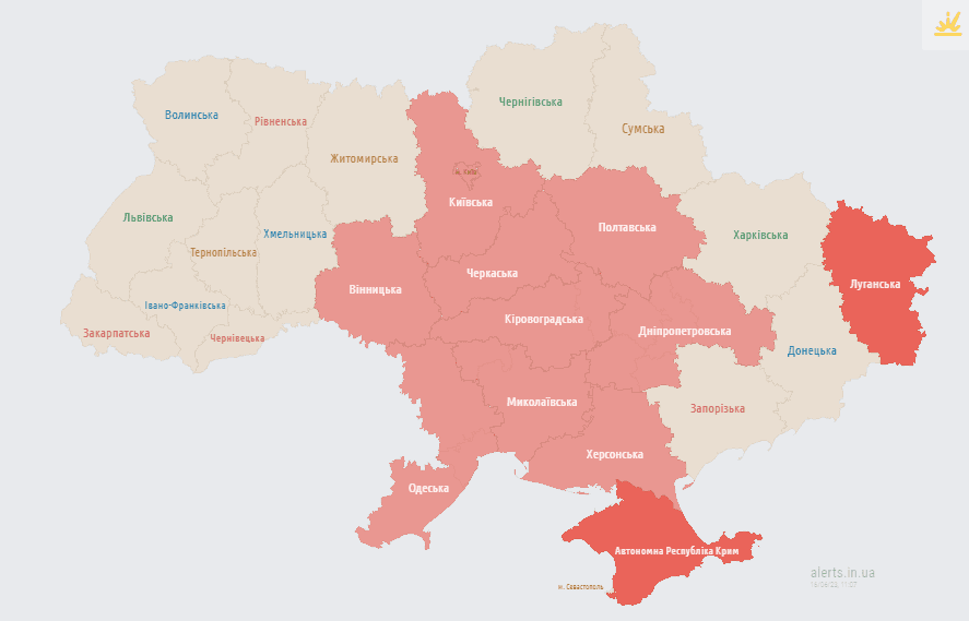 Карта повітряних тривог 16 червня / скріншот Карта повітряних тривог 16 червня / скріншот