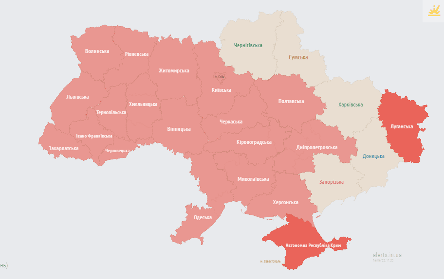 Карта воздушных тревог 16 июня / скриншот Карта воздушных тревог 16 июня / скриншот