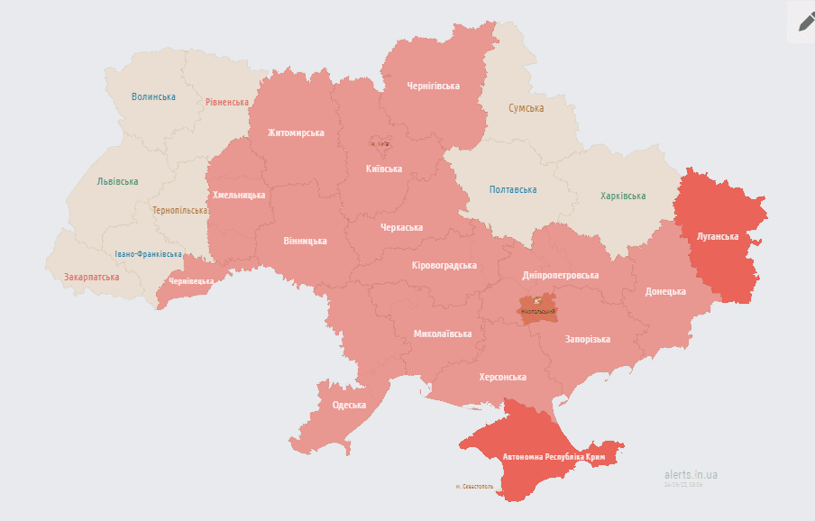 В Україні оголосили повітряну тривогу у низці областей / фото alerts.in.ua В Україні оголосили повітряну тривогу у низці областей / фото alerts.in.ua