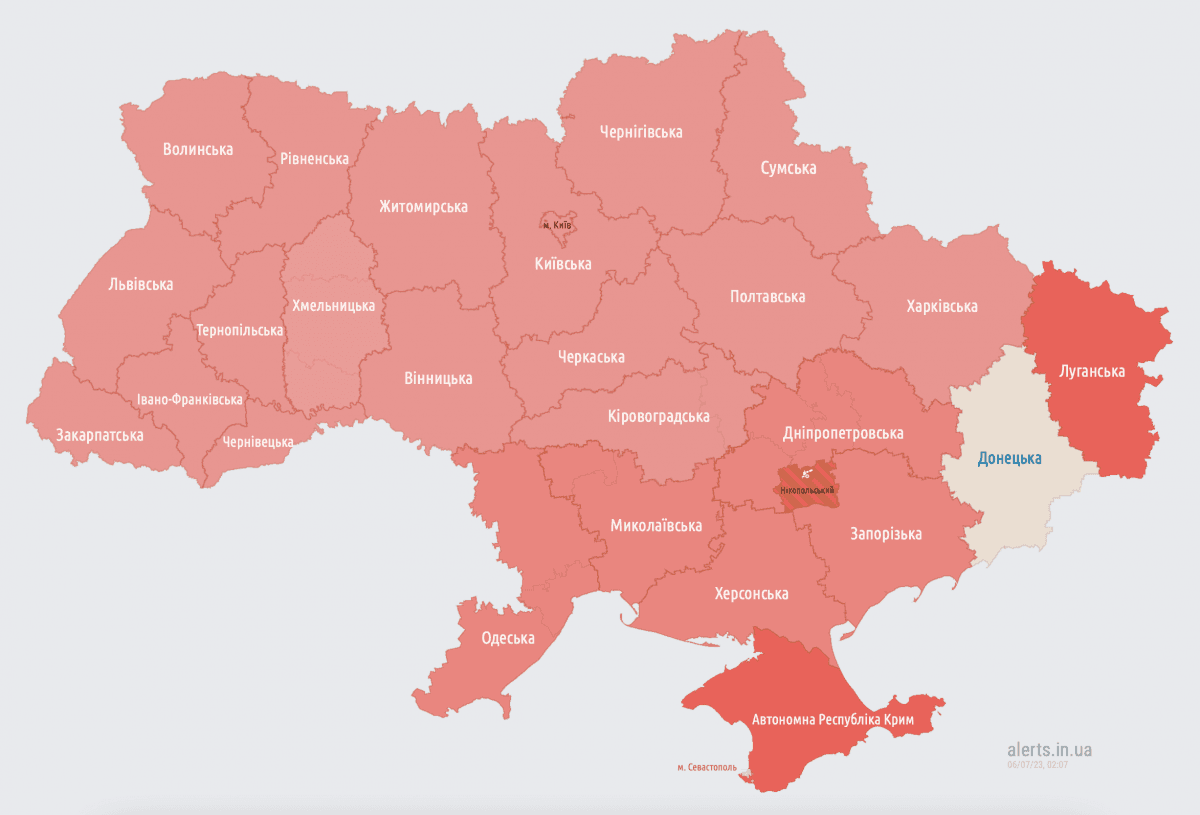 Карта тревог по состоянию на 02:07 / скриншот Карта тревог по состоянию на 02:07 / скриншот