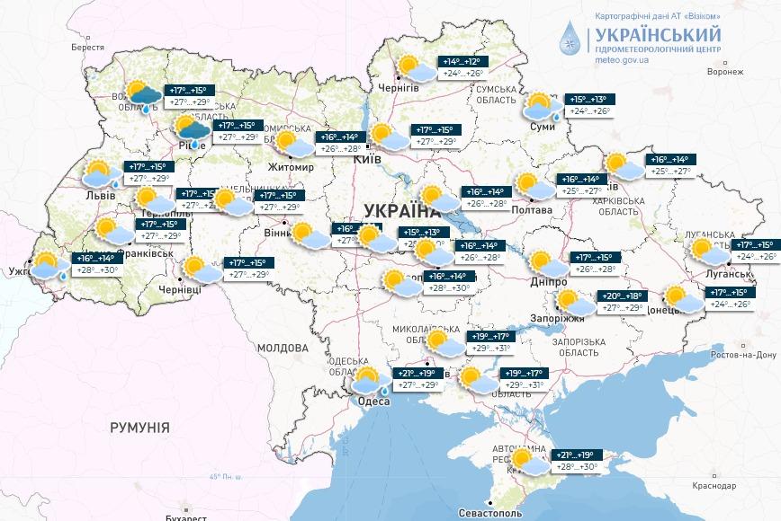30-градусна спека насувається на Україну: прогноз на 24 липня / зображення Український гідрометеорологічний центр