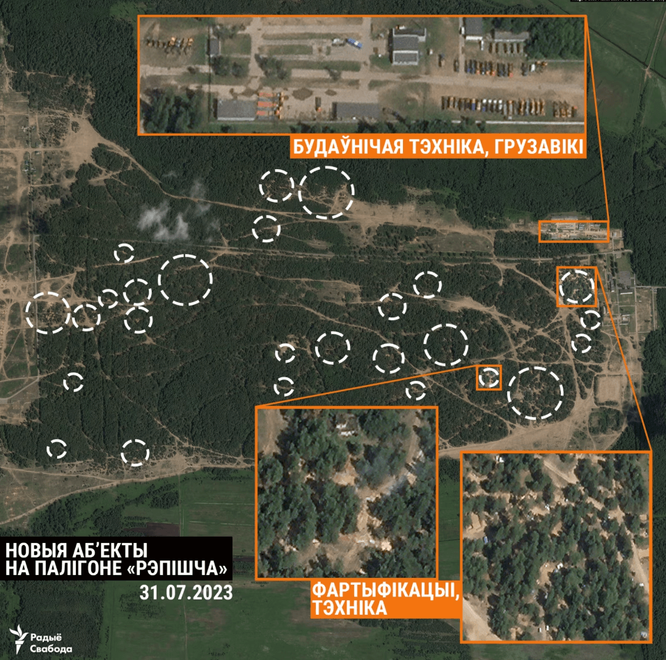 Новые объекты на полигоне в Беларуси / фото Planet Labs, Радио Свобода Новые объекты на полигоне в Беларуси / фото Planet Labs, Радио Свобода