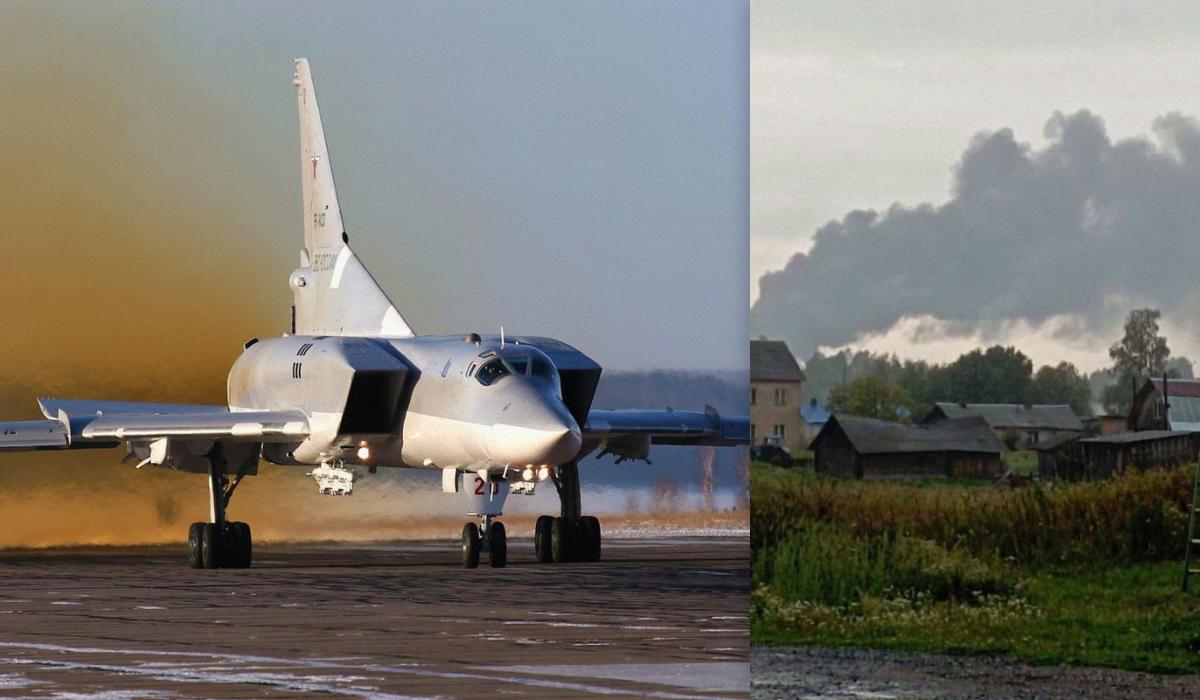 У Росії через атаку дрона пожежа на аеродромі базування Ту-22М3 / Колаж УНІАН, фото wikimedia.org, фото соцмережі