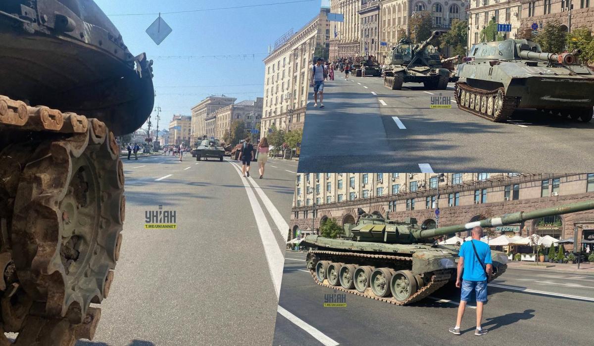 На центральній вулиці Києва розміщують трофейну техніку до Дня Незалежності / колаж УНІАН, фото УНІАН На центральній вулиці Києва розміщують трофейну техніку до Дня Незалежності / колаж УНІАН, фото УНІАН