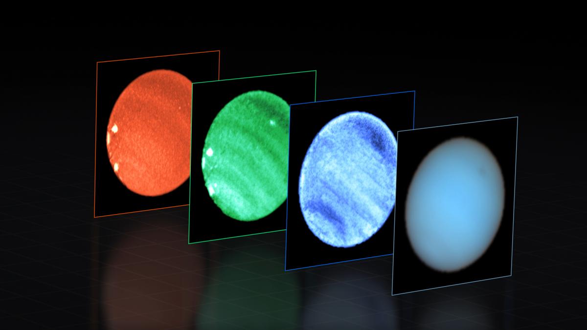 На зображенні показано Нептун, який спостерігається за допомогою інструменту MUSE на Дуже Великому Телескопі. Кольори є орієнтовними і призначені для демонстрації / фото ESO/P. Irwin et al.