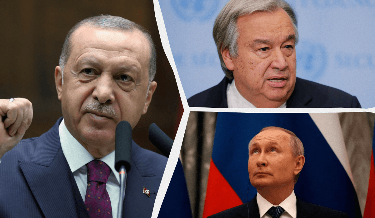 Гутерриш, Эрдоган и Путин думают, как ослабить эффект санкций против РФ / коллаж УНИАН, фото REUTERS Гутерриш, Эрдоган и Путин думают, как ослабить эффект санкций против РФ / коллаж УНИАН, фото REUTERS