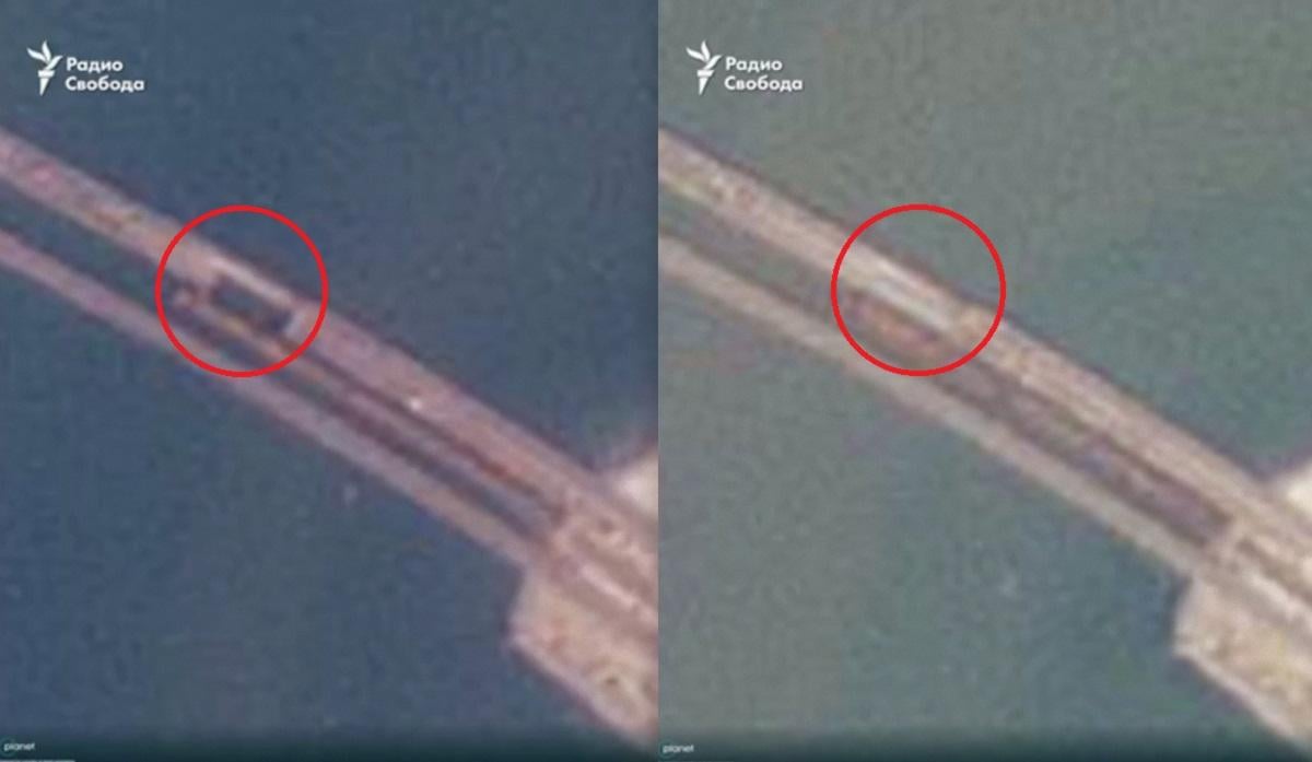 РФ восстановила уничтоженный пролет Крымского моста / коллаж, изображение Planet.com, Радио Свобода РФ восстановила уничтоженный пролет Крымского моста / коллаж, изображение Planet.com, Радио Свобода