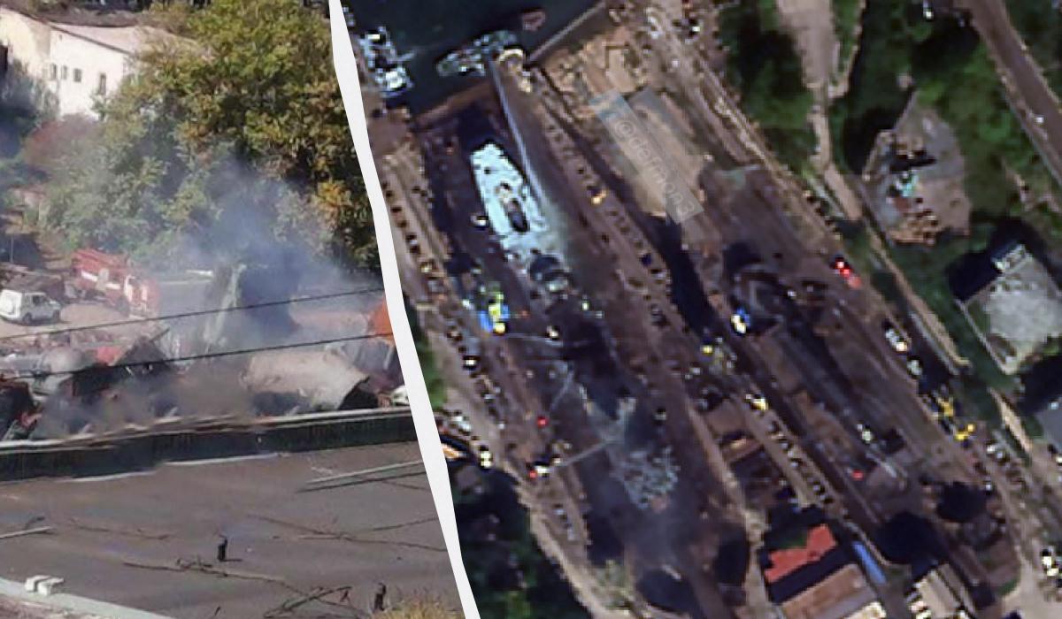 ВДК "Минск" был подбит во время атаки ВСУ по судоремонтному заводу в севастополе 13 сентября / Колаж УНИАН / Скриншот, Satellogic ВДК "Минск" был подбит во время атаки ВСУ по судоремонтному заводу в севастополе 13 сентября / Колаж УНИАН / Скриншот, Satellogic