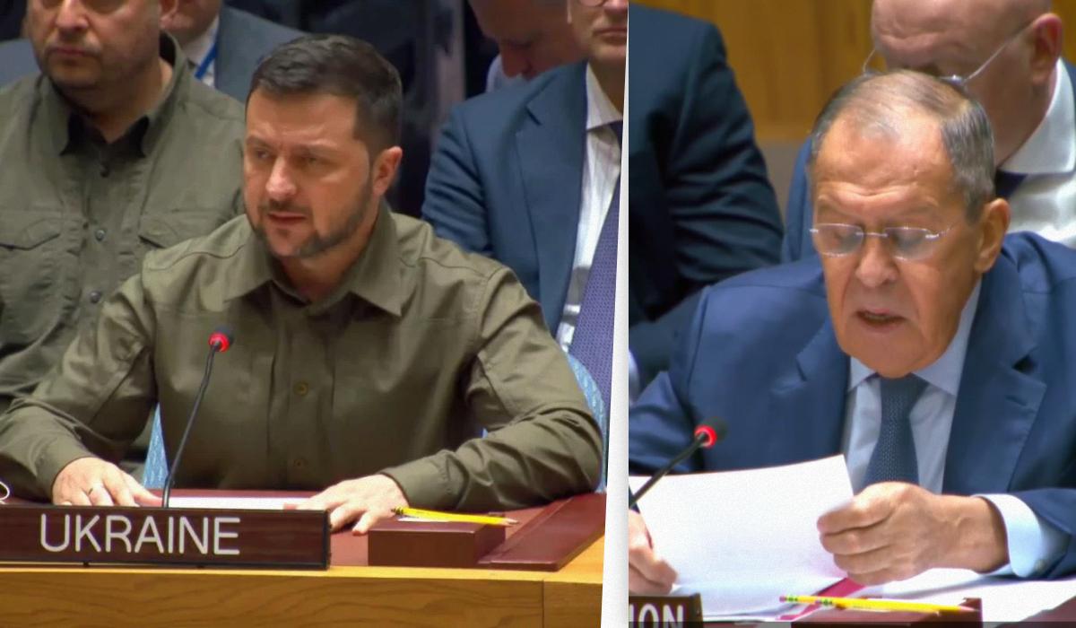 Зеленский и Лавров не пересеклись на заседании совбеза ООН / Коллаж УНИАН, скриншоты из видео