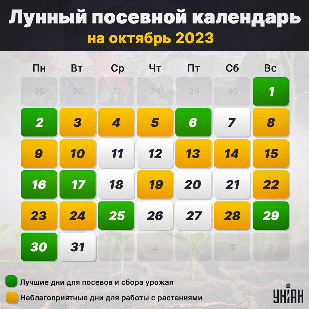 Місячний посівний календар на жовтень 2023 таблиця / картинка УНІАН Місячний посівний календар на жовтень 2023 таблиця / картинка УНІАН