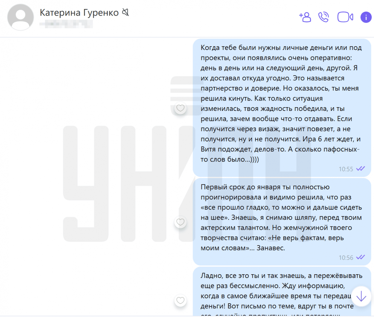 Переписка Віктора Гуржія з Катериною Гуренко про заборгованість / Скріншот наданий Гуржієм
