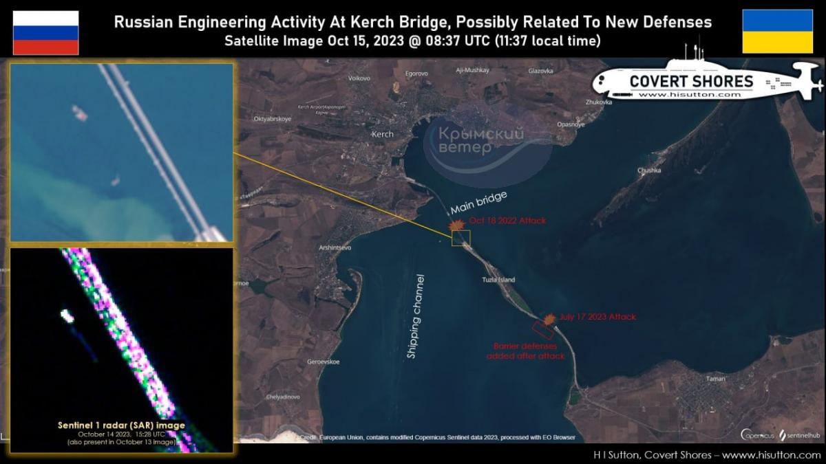 На подходе к Керченскому мосту, вероятно, строят новые заграждения / фото OSINT-исследователь H I Sutton