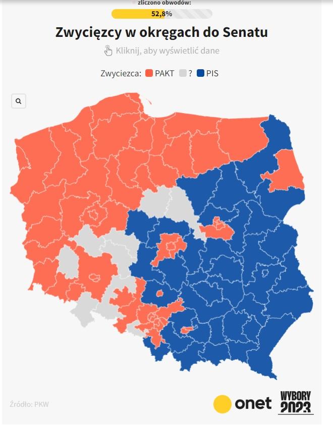 В синих округах побеждает власть, в красных-оппозиция / onet.pl