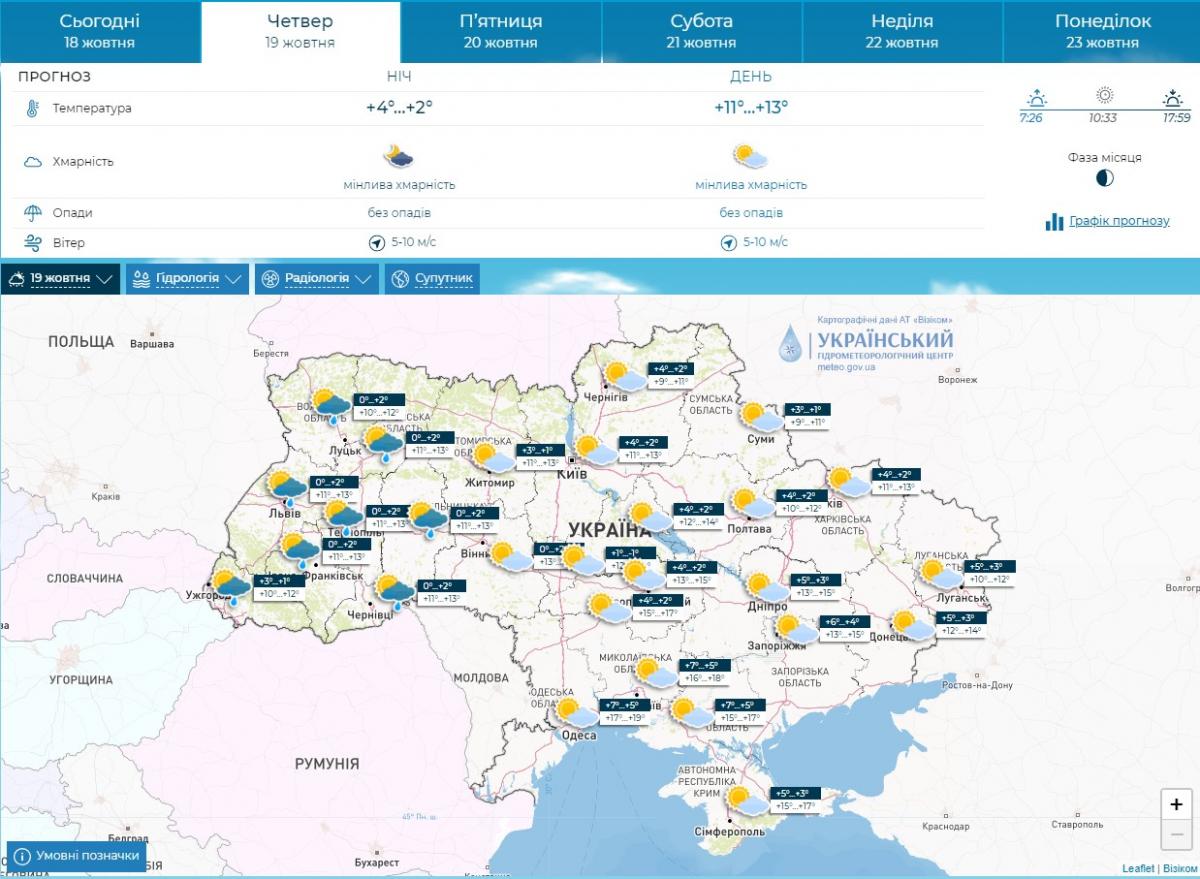 Прогноз погоди в Україні на 19 жовтня 2023 від Укргідрометцентру Прогноз погоди в Україні на 19 жовтня 2023 від Укргідрометцентру